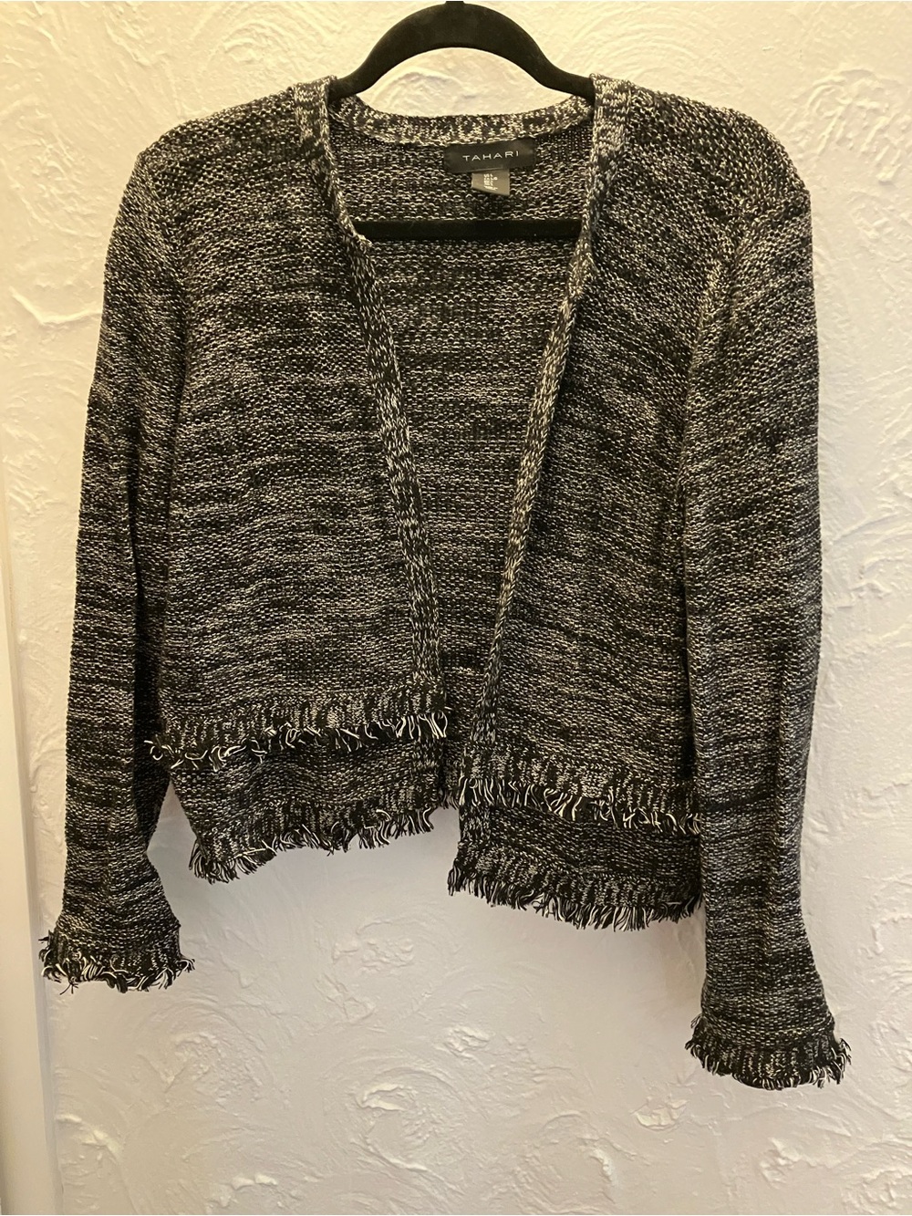 Tahari Black & White Marled Fringe Open Cardigan